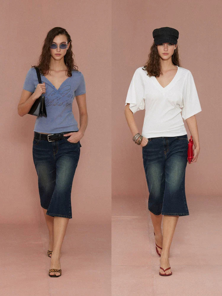 Xmsli | Vintage Washed Blue Bootcut Cropped Jeans for Women, Retro Style Casual Denim Pants