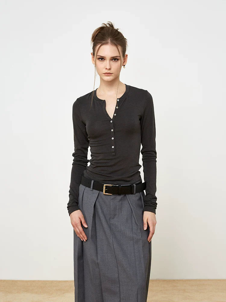 Xmsli | Shell Button Half-Open Collar Henley Shirt for Women - Slim Waist, Long-Sleeved Layered Top