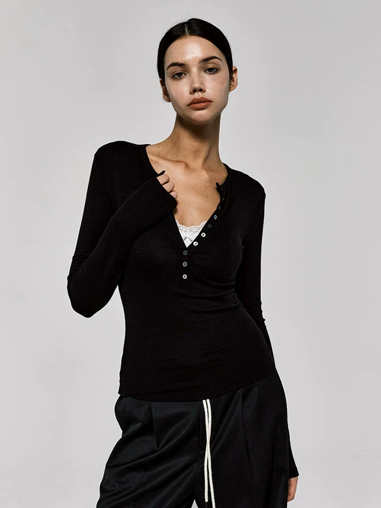 Xmsli | Shell Button Half-Open Collar Henley Shirt for Women - Slim Waist, Long-Sleeved Layered Top