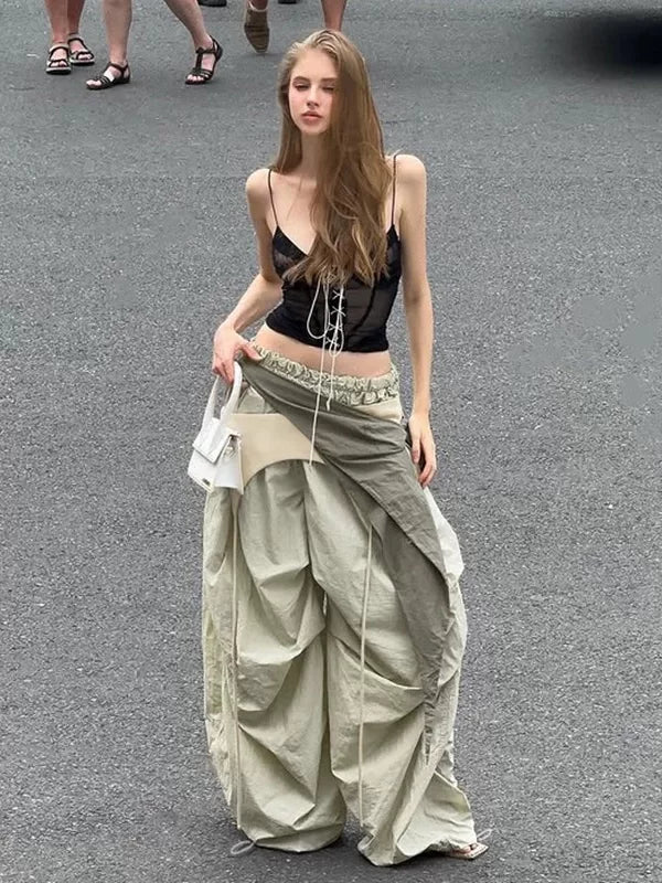 Xmsli | Light Green Wide-Leg Casual Pants with Characteristic Waistband for Women, West Coast High Street Vibe