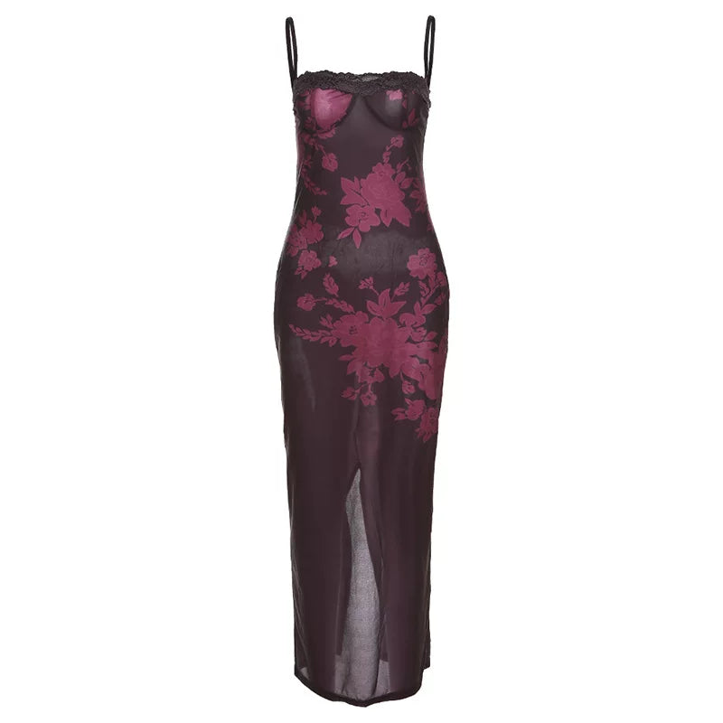 Xmsli | Retro Lace Slip Dress with Side Slit for Women, Slim Fit Elegant Party Wear