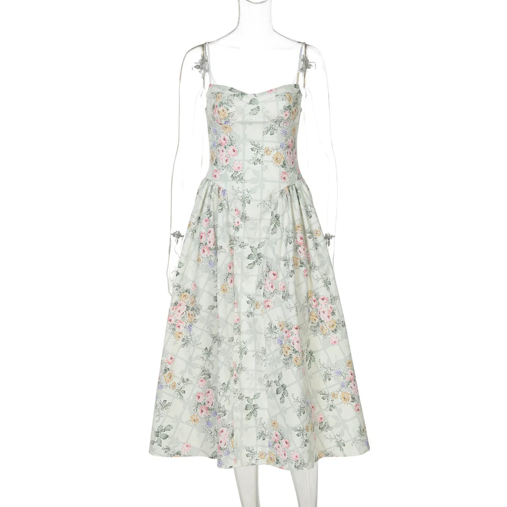 Xmsli | French Romantic Floral Suspender Mini Dress for Women - Adjustable Shoulder Straps, High Waist, Slim Fit with Fluffy Skirt