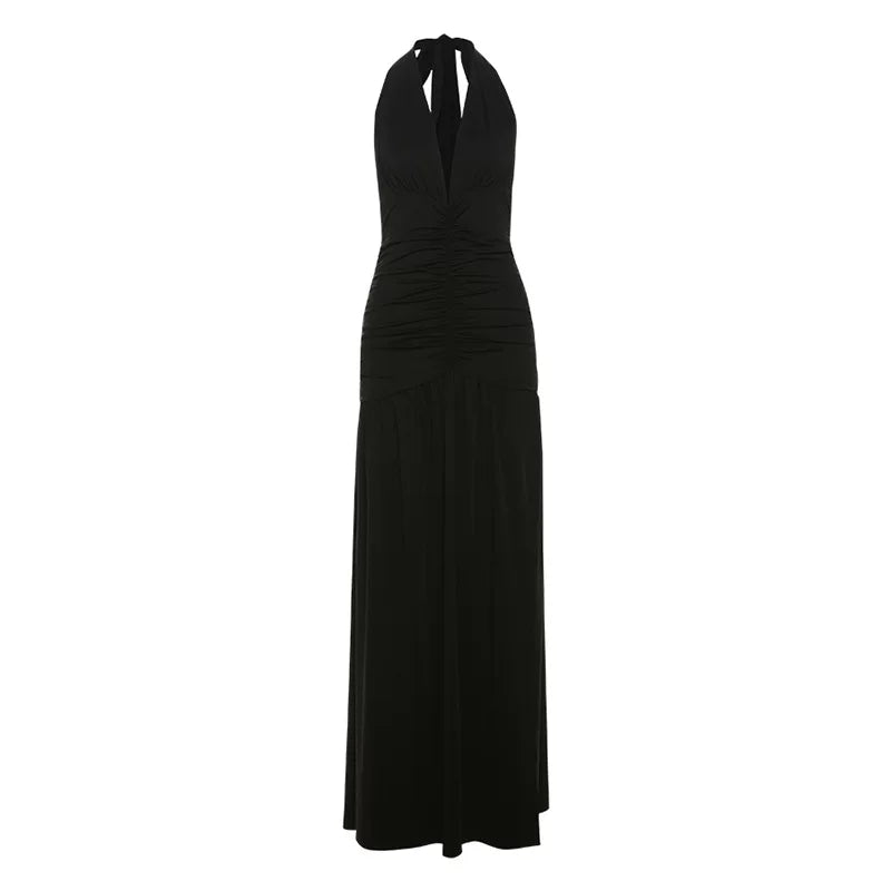 Xmsli | Halterneck V-Neck Pleated Backless Dress for Women, High-Waisted Slim Fit Sexy Maxi Gown