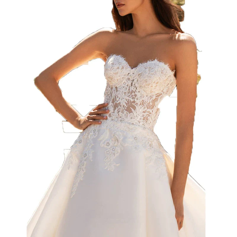 Xmsli | French Satin Tube Top Wedding Dress with Slimming Princess Tutu Skirt, Elegant European and American Bridal Gown with Wedding Veil