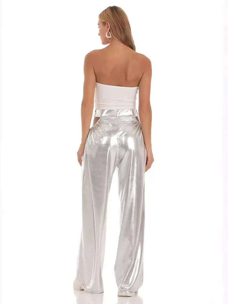 Xmsli | High-Waisted Shiny Silver Wide-Leg Pants for Women, Loose Fit Slim Straight-Leg Trousers