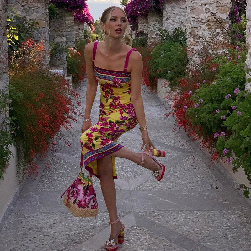 Xmsli | Printed Open-Back Suspender Maxi Dress for Women, Slim Fit Elegant Party Wear