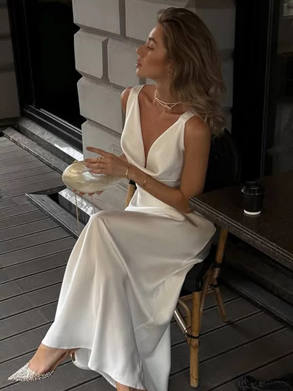 Xmsli | Elegant White Low-Cut Backless Maxi Dress for Women, Slim Fit Sophisticated Party Wear