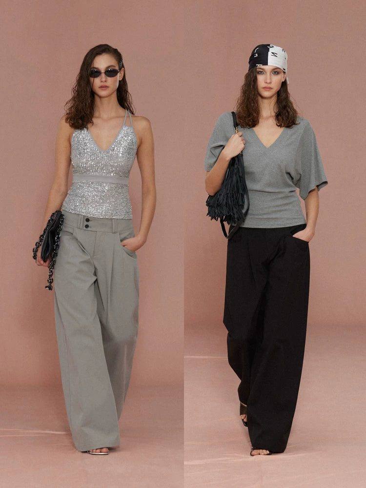 Xmsli | Wide-Waisted Double-Breasted Pleated Straight Leg Pants for Women, Three-Dimensional Pleats Casual Trousers