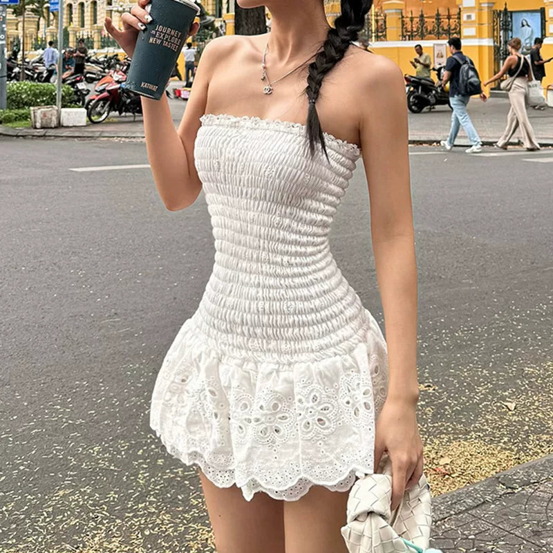 Xmsli | One-Shoulder Jacquard Tube Top Dress for Women, Slim Fit Backless Party Wear