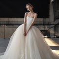 Xmsli | French Palace Satin Tube Top Wedding Dress with Train, Slim Fit Forest Style Bridal Gown for Fantasy Photography