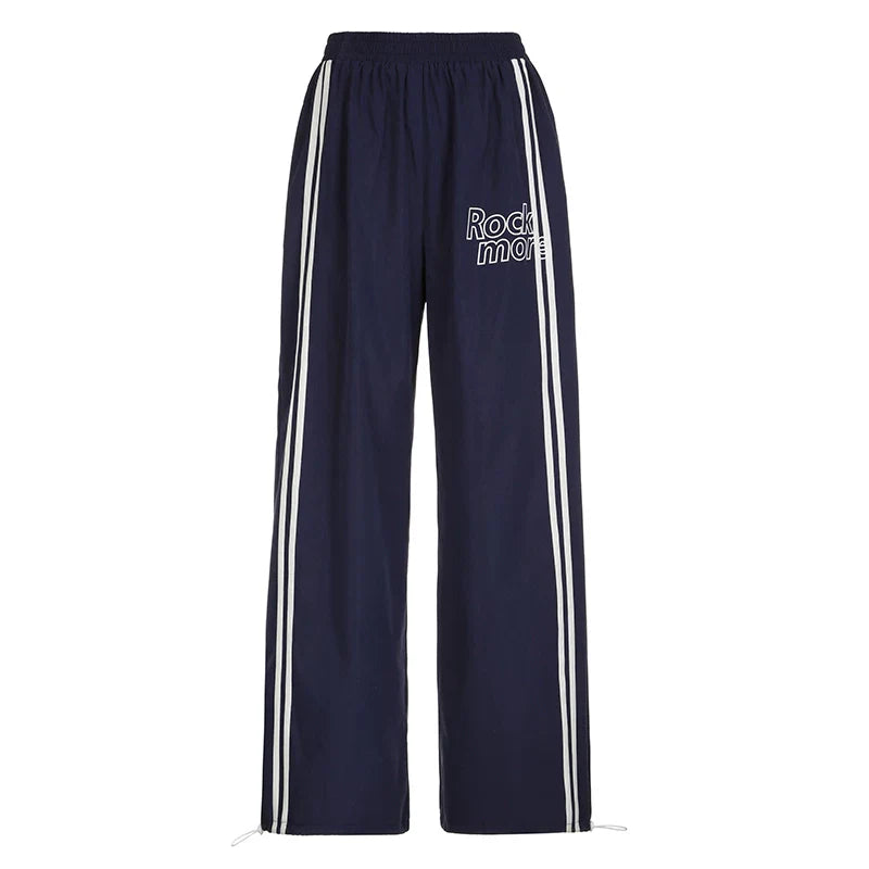 Xmsli | Parallel Bars Contrast Color Letter Print Wide Leg Pants for Women, Low-Waist Casual Street Style