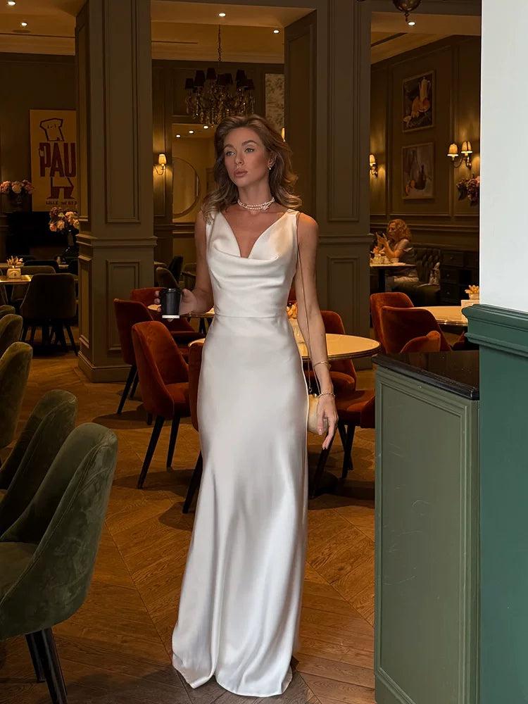 Xmsli | Elegant White Low-Cut Backless Maxi Dress for Women, Slim Fit Sophisticated Party Wear