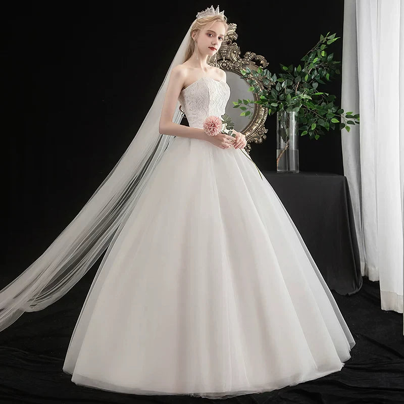 Xmsli | Summer and Autumn Tube Top Wedding Dress with Korean Lace, Fashionable Princess Fairy Bridal Gown for Women