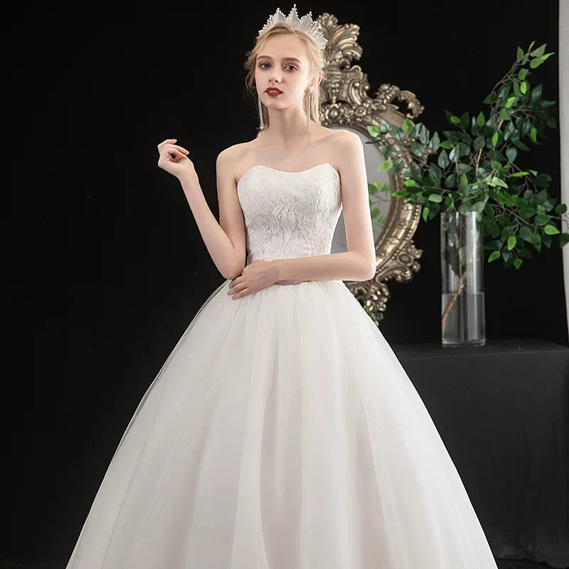 Xmsli | Summer and Autumn Tube Top Wedding Dress with Korean Lace, Fashionable Princess Fairy Bridal Gown for Women