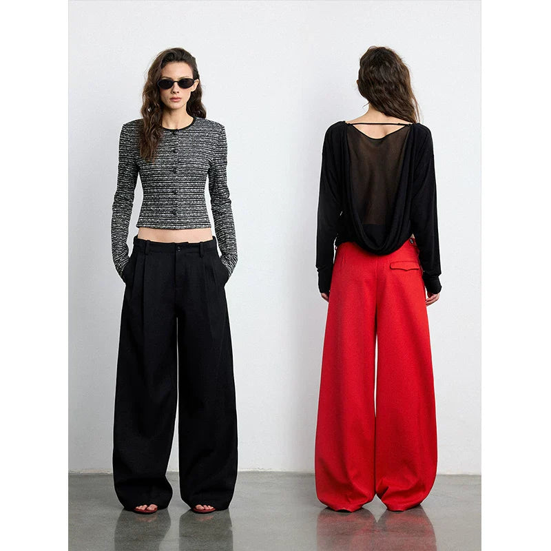 Xmsli | Low-Waisted Pleated Wide-Leg Drape Pants for Women, Slim Fit Casual Chic Trousers