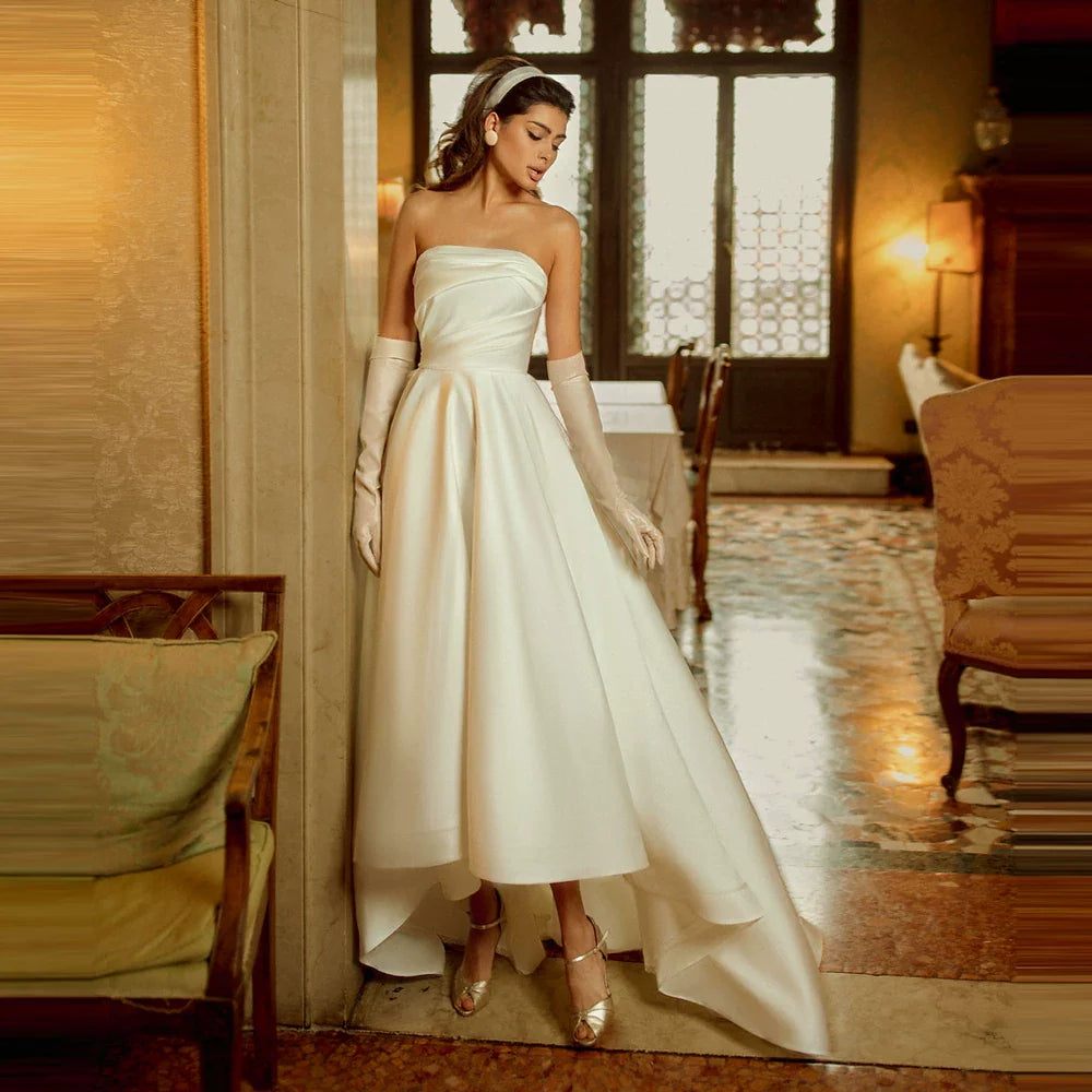 Xmsli | French Satin Bandeau Wedding Dress, Slim Fit with Front Short and Back Long Design, Fairy Forest Style Bridal Gown