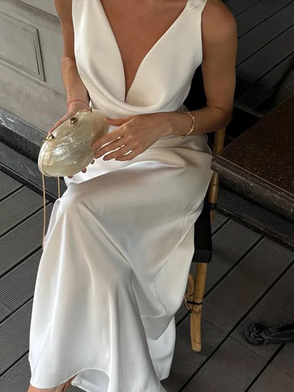 Xmsli | Elegant White Low-Cut Backless Maxi Dress for Women, Slim Fit Sophisticated Party Wear