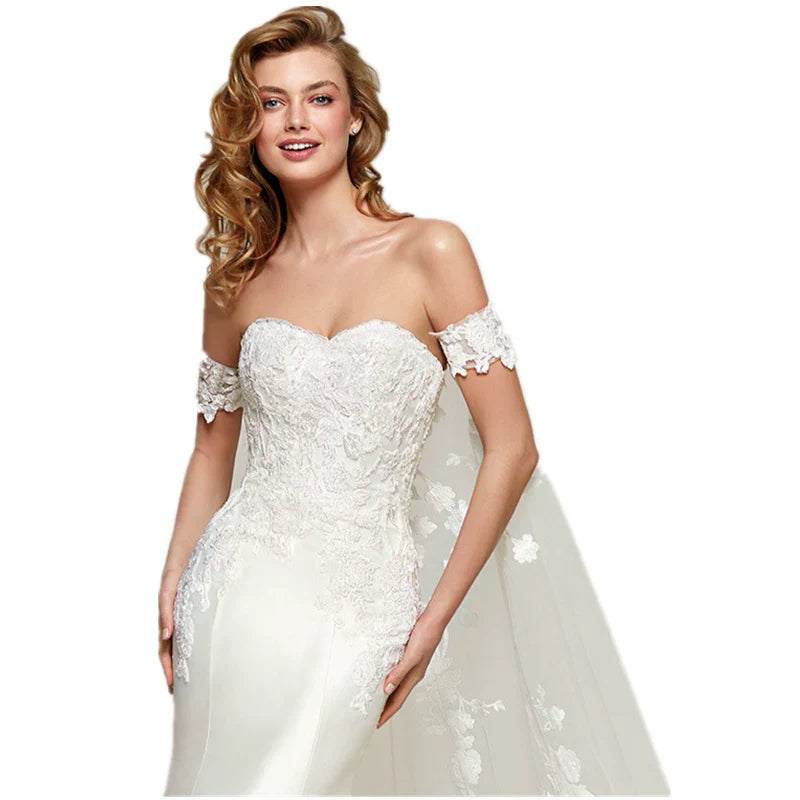 Xmsli | French One-Shoulder Satin Fishtail Wedding Dress with Detachable Train, Slim Fit Bridal Gown for Special Occasions