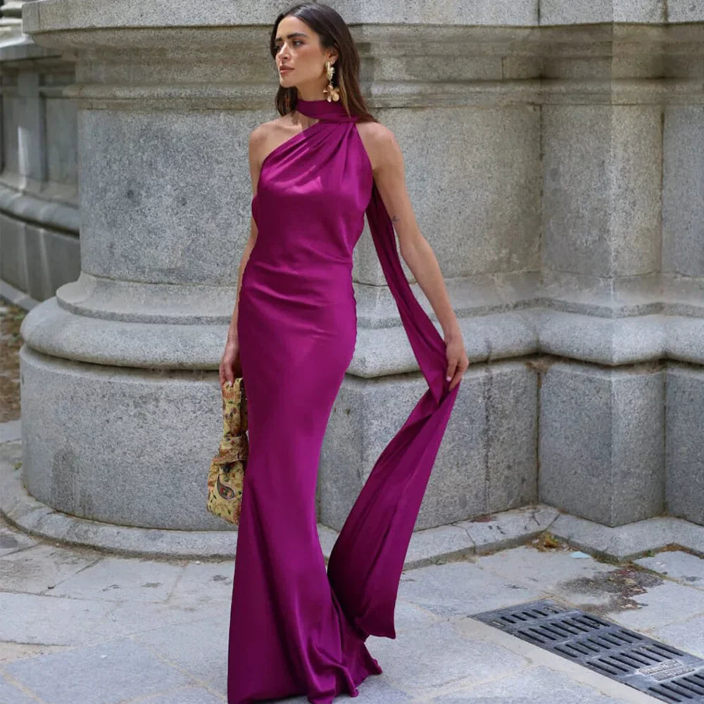 Xmsli | Satin Halter Neck Backless Dress for Women, Sexy Floor-Length Holiday Travel Gown