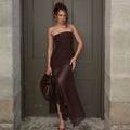 Xmsli | Resort Style Coffee Color Mesh Tube Top Dress for Women - Slimming Waist, Midi-Length Skirt