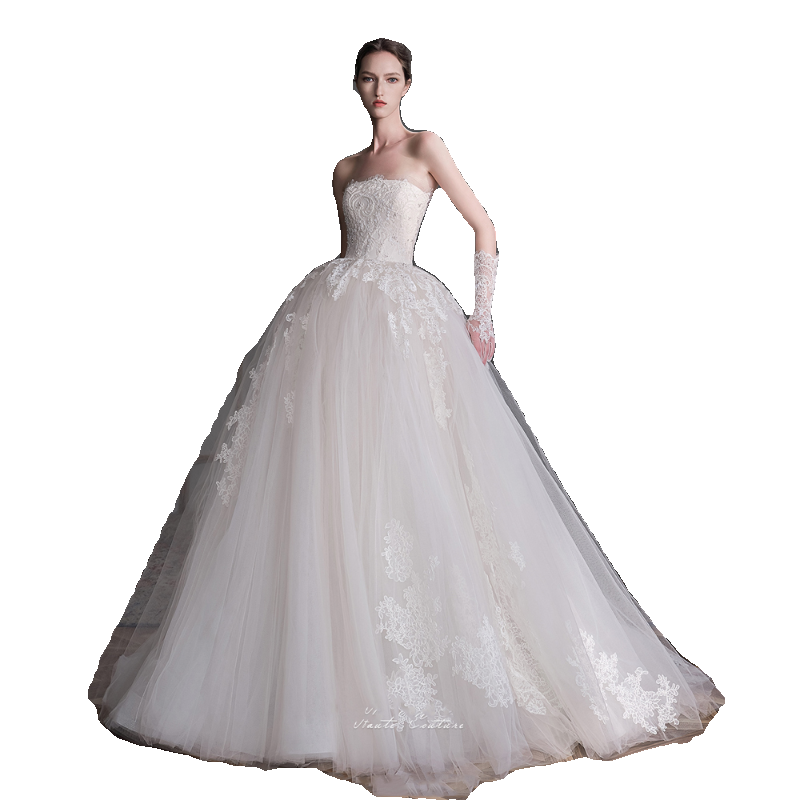 Xmsli | French Palace Tube Top Wedding Dress with Tutu Skirt, Lace Detail and Small Train, Forest Style Fairy Bridal Gown