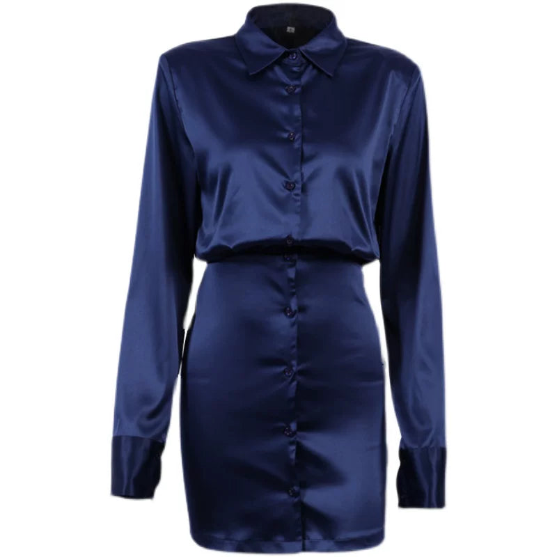 Xmsli | Satin Shoulder-Padded Dress with Hip-Covering Skirt for Women, Slim Fit Retro Elegant Wear