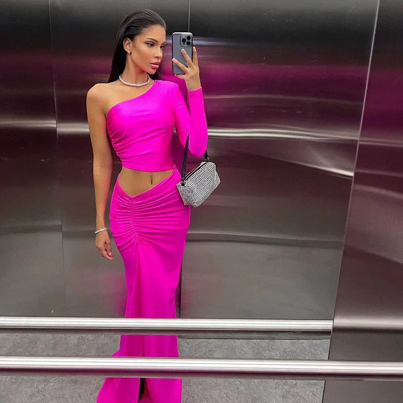 Xmsli | One-Shoulder Long Sleeve Maxi Dress for Women, Pleated High Slit Evening Wear