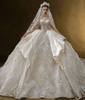 Xmsli | One-Shoulder Satin Wedding Dress with Luxury Large Train, Retro Heavy Industry Bridal Gown for Brides