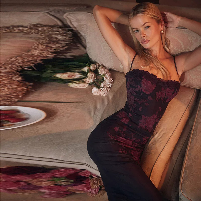 Xmsli | Retro Lace Slip Dress with Side Slit for Women, Slim Fit Elegant Party Wear