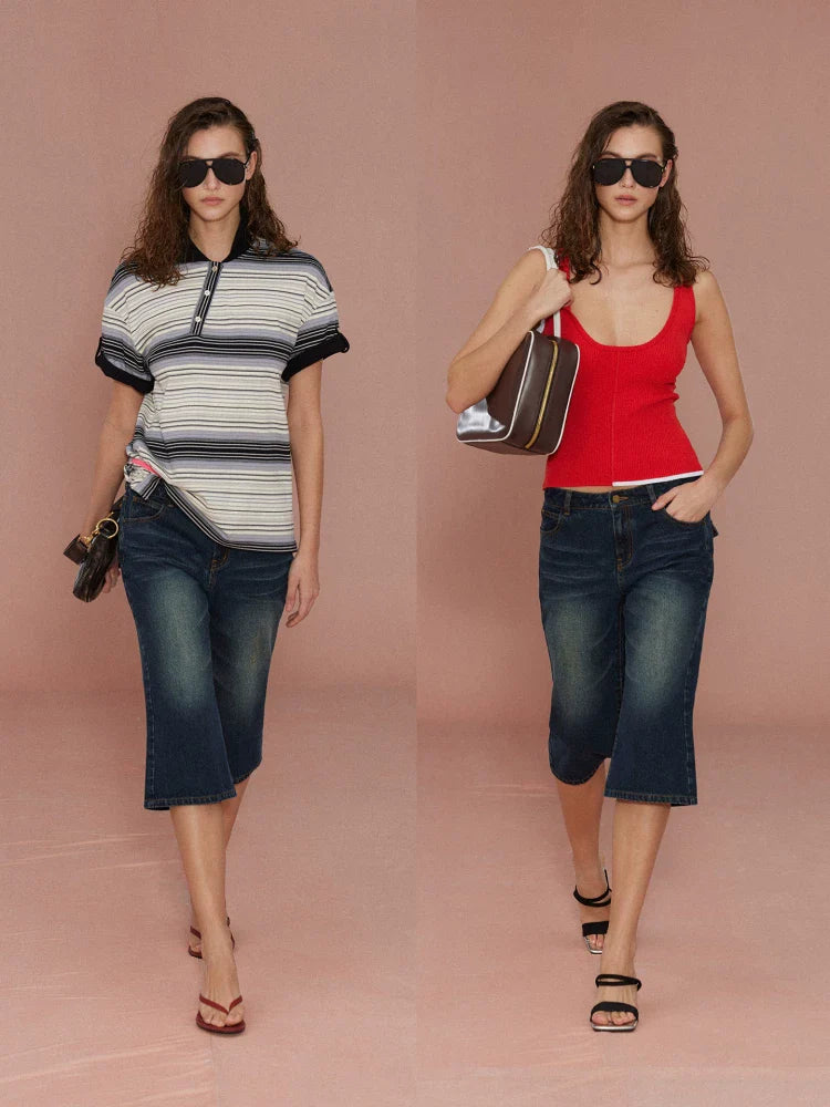 Xmsli | Vintage Washed Blue Bootcut Cropped Jeans for Women, Retro Style Casual Denim Pants