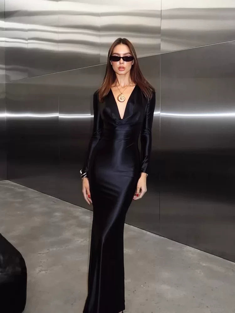 Xmsli | Satin V-Neck Long Sleeve Dress for Women, Slim Fit Elegant Evening Wear