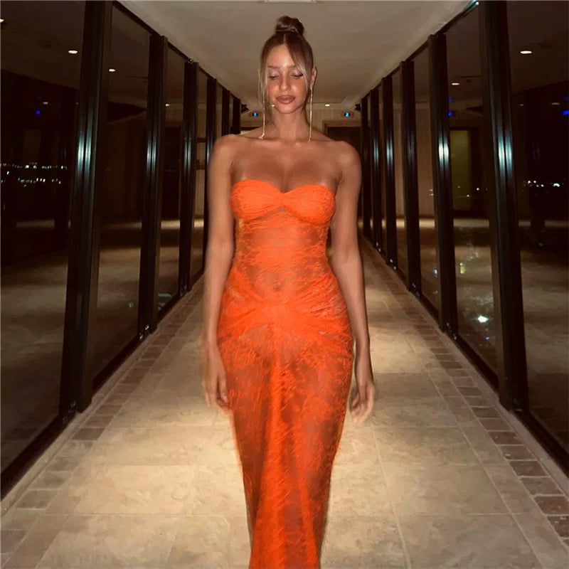 Xmsli | One-Shoulder Lace Backless Maxi Dress for Women, Slim Fit Elegant Party Wear