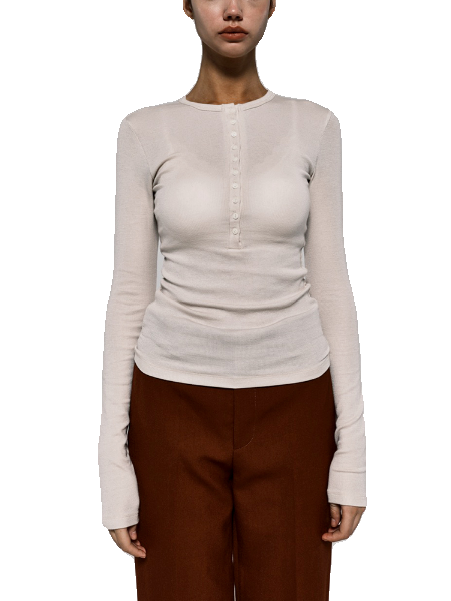 Xmsli | Shell Button Half-Open Collar Henley Shirt for Women - Slim Waist, Long-Sleeved Layered Top