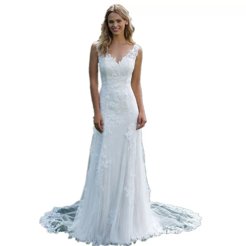 Xmsli | Simple Lace V-Neck A-Line Wedding Dress for Brides, Slimming Fit Customizable Fairy Bridal Gown