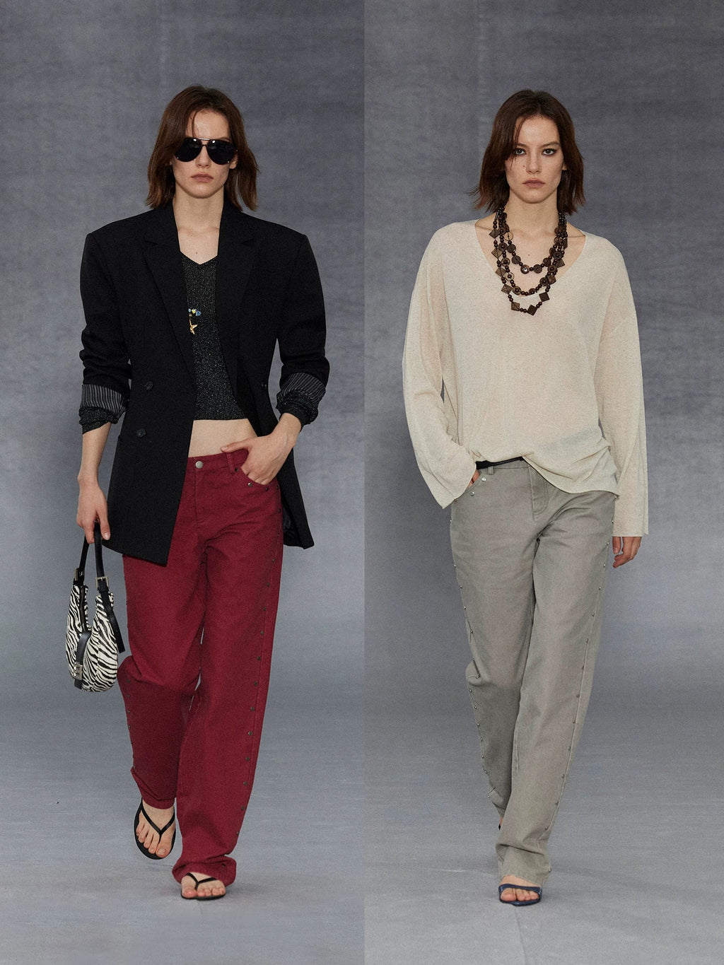 Xmsli | Sand Washed Faded Rivet Low-Rise Straight Trousers for Women, Vintage Style Casual Denim Pants