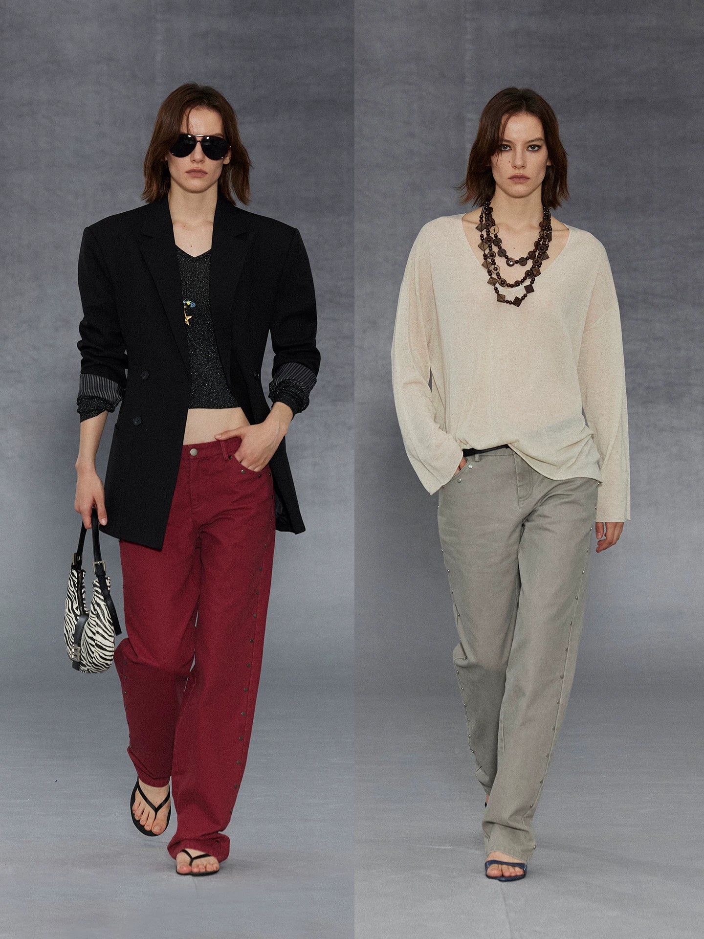 Xmsli | Sand Washed Faded Rivet Low-Rise Straight Trousers for Women, Vintage Style Casual Denim Pants