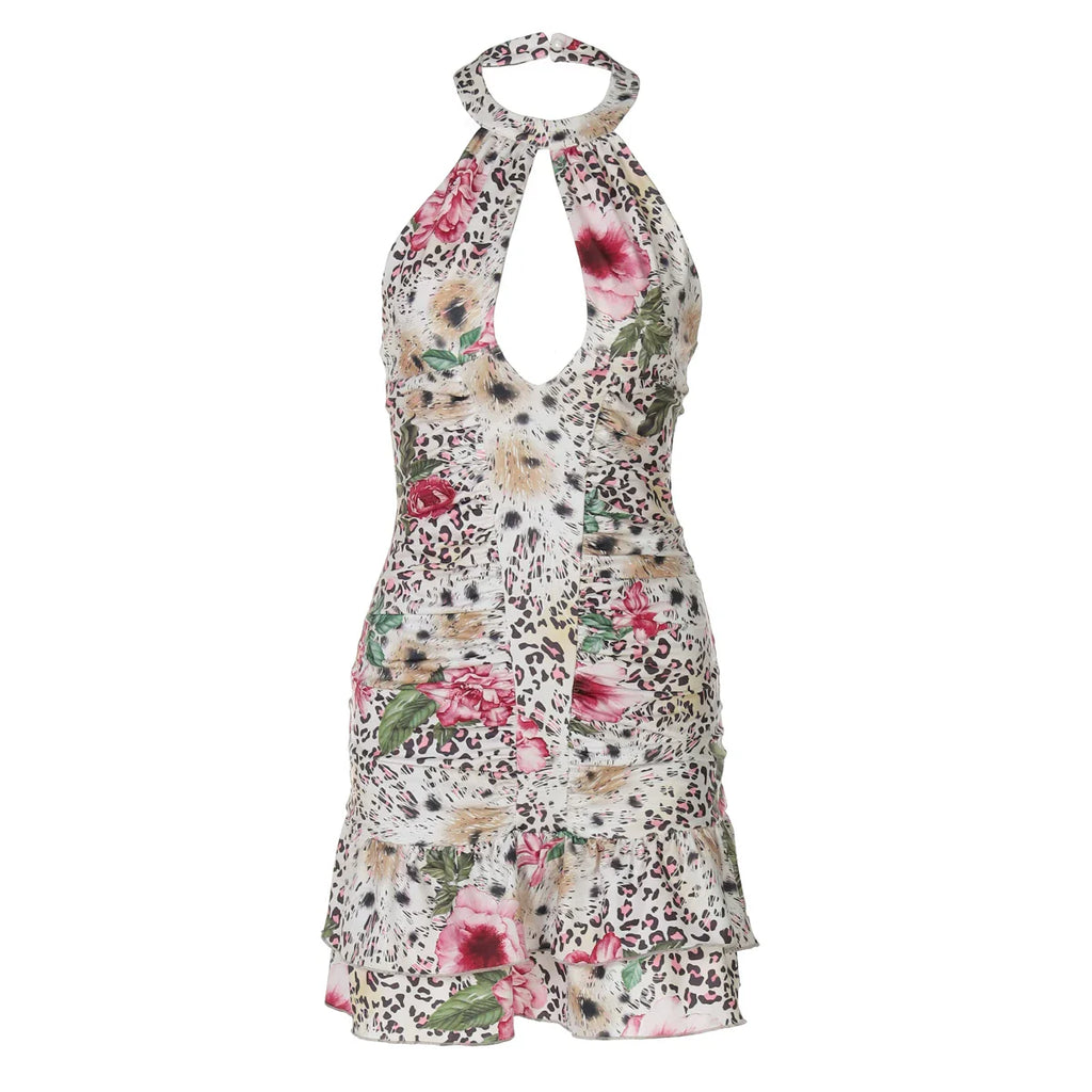 Xmsli | Leopard Print Flower Hanging Neck Sleeveless mini Dress, Sexy Backless Waist Skirt for Hot Girls, 2026 Summer Trendy Gown