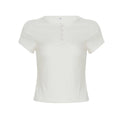 Xmsli | American BM Style Solid Color Buttoned Short-Sleeved T-Shirt for Women - Slim Fit, Basic Shoulder Top