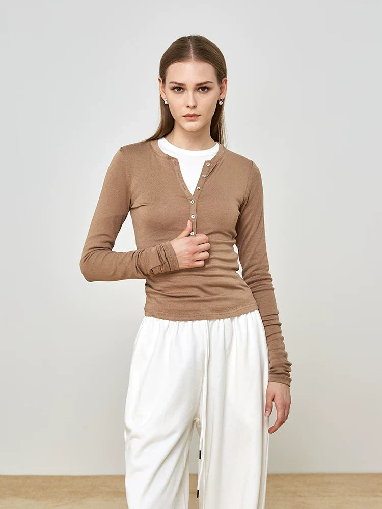 Xmsli | Shell Button Half-Open Collar Henley Shirt for Women - Slim Waist, Long-Sleeved Layered Top