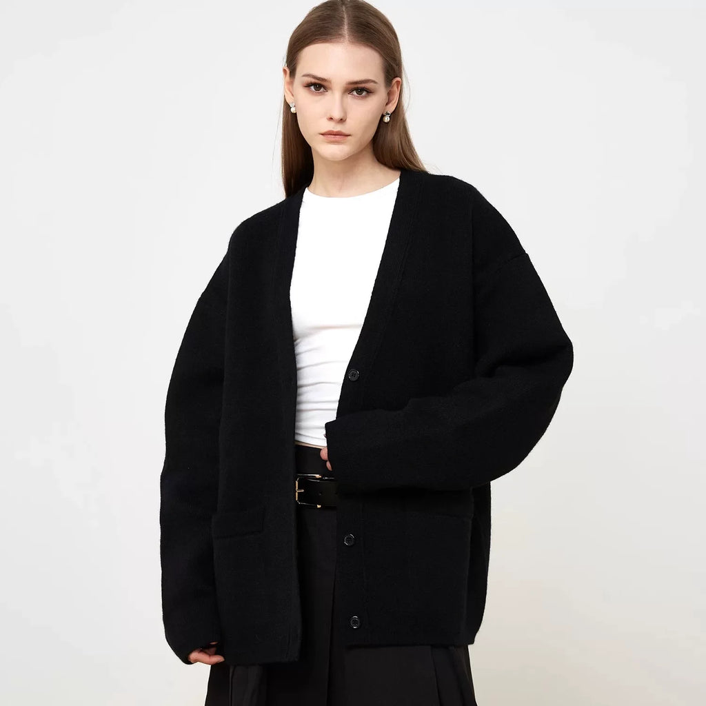 Xmsli | High-End V-Neck Loose Knitted Cardigan Top for Women - Casual Lazy Style Thickened Sweater Jacket